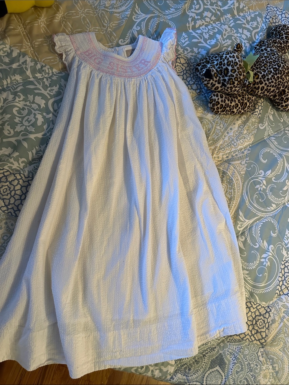 White Girls Smocked Formal Dress with Pink Trim